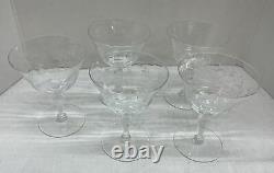 Lot Of 5 Elegant Crystal Champagne Wine Glass Etched Flower and Leaves Goblets