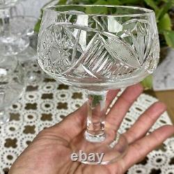 Lot Of 7 Antique Lead Crystal Wine Champagne Glasses Stems Stemware Cut Pressed