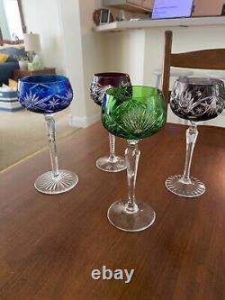 Lot of (4) LAUSITZER CRYSTAL Wine Goblets. Cut to Clear Mixed Color. Vintage