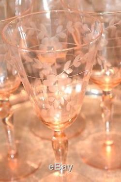 Lot of 6 Vintage Pink Depression Etched Glass CRYSTAL OPTIC Wine Glasses Stems
