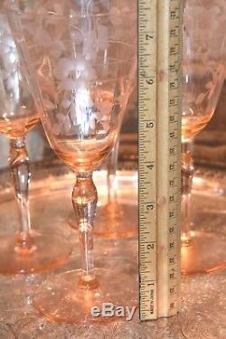 Lot of 6 Vintage Pink Depression Etched Glass CRYSTAL OPTIC Wine Glasses Stems