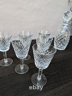 Lot of 6 Waterford Crystal Lismore Stemmed Wine Glasses & Decanter & Nut Dish