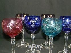 Lot of 8 Bohemian Colored Cut to Clear Crystal Wine Hock Goblets Glasses