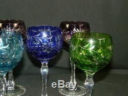 Lot of 8 Bohemian Colored Cut to Clear Crystal Wine Hock Goblets Glasses