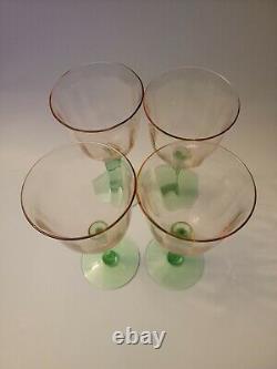 Lovely Tiffin Pink Green Watermelon Vaseline Water Wine Glasses set lot of 4