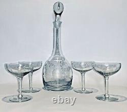 Marvelous Vintage Rose Crystal Wine Decanter With Cover & 4 Crystal Wine Glasses