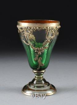 Moser Bohemian Crystal Silver overlaid Art glass Green to clear Goblets 12p
