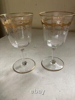 Moser Bohemian Raise Gilded Floral Optic Wine glasses Matched Pair 6.5 tall EX