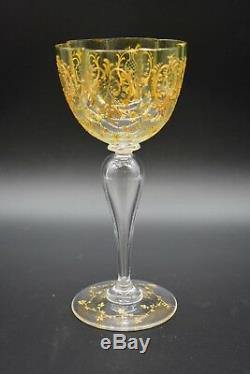 Moser Czech Lobed Hollow Stem Green & Gold Art Glass 6 3/4 Wine Glass