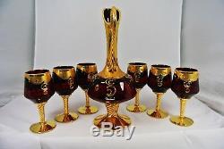 Murano Barbini Crystal 6 Wine Glasses & Decanter Red with Enamel Flowers Gold Trim
