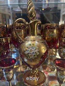 Murano Tre Fuochi 24k Gold Ruby Red Wine Crystal Cordial Champagne Liquor set 6