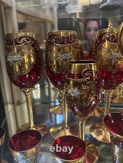 Murano Tre Fuochi 24k Gold Ruby Red Wine Crystal Cordial Champagne Liquor set 6