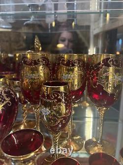 Murano Tre Fuochi 24k Gold Ruby Red Wine Crystal Cordial Champagne Liquor set 6