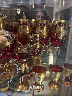 Murano Tre Fuochi 24k Gold Ruby Red Wine Crystal Cordial Champagne Liquor set 6