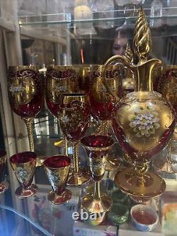 Murano Tre Fuochi 24k Gold Ruby Red Wine Crystal Cordial Champagne Liquor set 6