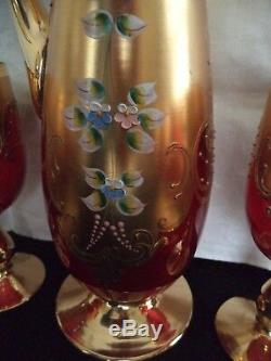 Murano blown crystal 6 wine stems red goblets & pitcher enamel flowers gold trim