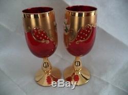 Murano blown crystal 6 wine stems red goblets & pitcher enamel flowers gold trim