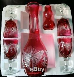 NEW Bohemian Cranberry Red Crystal Cut To Clear Decanter & Wine Cordial Set