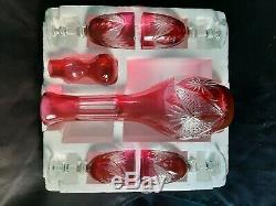 NEW Bohemian Cranberry Red Crystal Cut To Clear Decanter & Wine Cordial Set