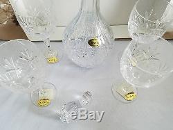 NEW Handmade Block 24% Lead Crystal Wine Whiskey Decanter With 4 Wine Glasses Set