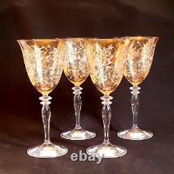 NEW ROGASKA VENETIAN AMBER WINE GLASSES, Etched Lead Crystal, 4PC