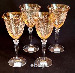 NEW ROGASKA VENETIAN AMBER WINE GLASSES, Etched Lead Crystal, 4PC