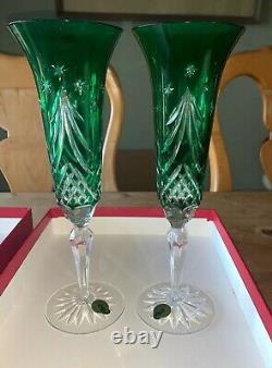 NIB 4 Waterford Emerald Green Cut Crystal Holiday Wine Champagne Flutes