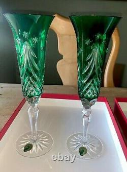 NIB 4 Waterford Emerald Green Cut Crystal Holiday Wine Champagne Flutes