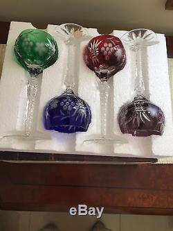 Nib Set Of 4 Multi-color 24% Lead Crystal Long Stemed Wine Goblets