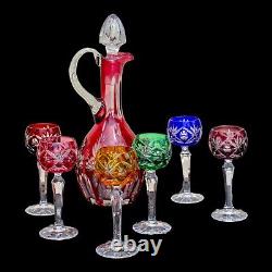 Nachtmann Colored Crystal Cut To Clear Bohemian Decanter And Wine Glasses