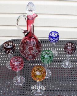 Nachtmann Colored Crystal Cut To Clear Bohemian Decanter And Wine Glasses
