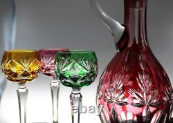 Nachtmann Colored Crystal Cut To Clear Bohemian Decanter And Wine Glasses