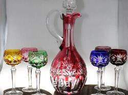 Nachtmann Colored Crystal Cut To Clear Bohemian Decanter And Wine Glasses