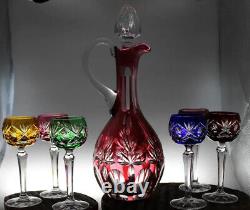 Nachtmann Colored Crystal Cut To Clear Bohemian Decanter And Wine Glasses