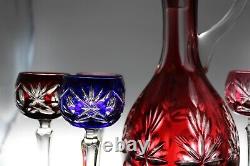 Nachtmann Colored Crystal Cut To Clear Bohemian Decanter And Wine Glasses