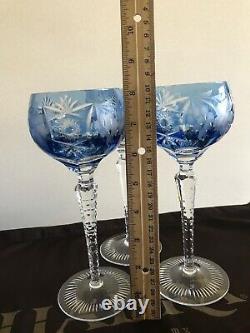 Nachtmann Traube Blue Cut to Clear Hock Wine Crystal Glasses Set Of 3 Signed