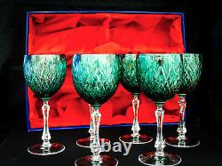 Neman hand-made 280ml / 9.5oz Vintage Green Cut Crystal Wine Glasses, Set of 6