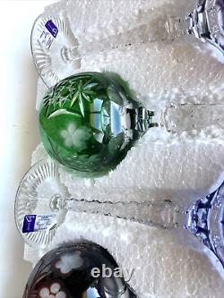 New Hand Cut Mouth Blown 24% Full Lead Crystal Colored set/4Wine Glasses HUNGARY