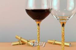 New Pair of 24ct Gold Leaf Stem Wine Glasses Goblet Gift Swarovski Golden Shadow