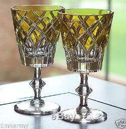 PAIR AJKA DESSERT SMALL WINE LIQUEUR GLASSES, YELLOWithGOLD CASED CRYSTAL, NEW