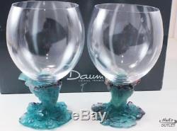 PAIR OF DAUM BACCHUS WINE SNIFTER GOBLETS PATE DE VERRE CRYSTAL with CLEAR GLASS