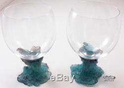 PAIR OF DAUM BACCHUS WINE SNIFTER GOBLETS PATE DE VERRE CRYSTAL with CLEAR GLASS