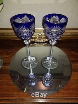 PAIR VINTAGE St Louis FRANCE Massenet COBALT Blue Cut-Clear Crystal Wine GLASSES