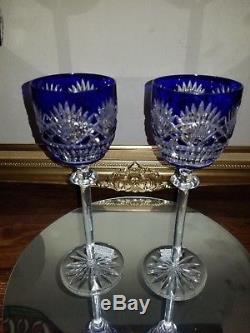 PAIR VINTAGE St Louis FRANCE Massenet COBALT Blue Cut-Clear Crystal Wine GLASSES