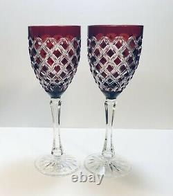 Pair Ajka Athenee Ruby Red Cut To Clear Crystal Wine Glasses
