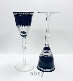 Pair Ajka Black Onyx Cut To Clear Crystal Wine Glasses