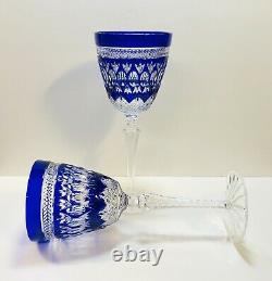 Pair Ajka Parisian Cobalt Blue Cut To Clear Crystal Wine Goblets