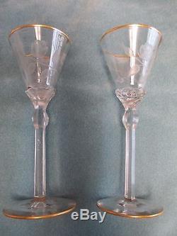 Pair Moser PAULA Wine Glasses Gold Gilded Crystal Rose 9-3/8 tall Goblets
