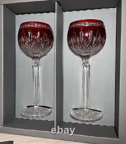 Pair Waterford Clarendon cranberry red Ruby Hock Wine Glasses crystal Mint w Box