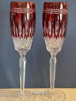 Pair of Waterford Case Cut Clarendon Ruby Red Flutes NIB